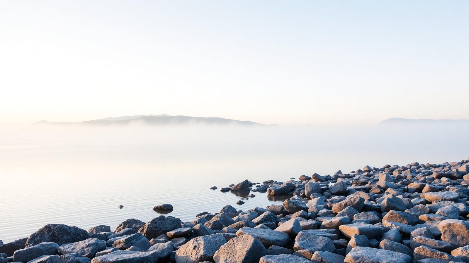Still water at dawn under soft mist